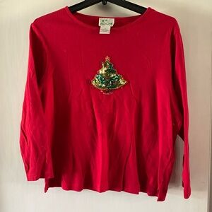 Quacker Factory Red Long Sleeve Tee with Christmas Tree